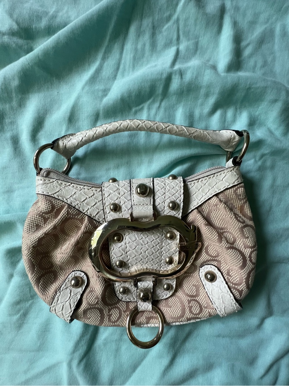Guess Beige and White Mini Shoulder Bag with Signature Print